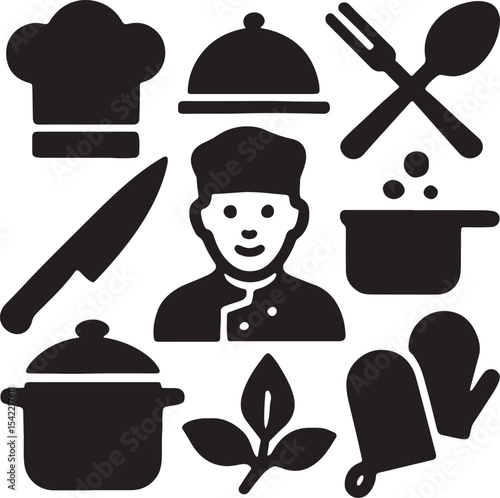 Cooking and kitchen utensil icon set. Containing chef hat, frying pan, pot, spatula, whisk, knife, cutting board, food cloche, and oven mitt symbols. Culinary tool silhouettes. Solid icon collection.
