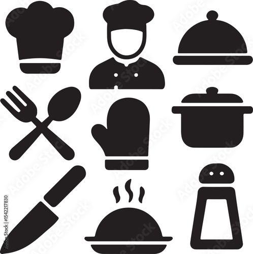Cooking and kitchen utensil icon set. Containing chef hat, frying pan, pot, spatula, whisk, knife, cutting board, food cloche, and oven mitt symbols. Culinary tool silhouettes. Solid icon collection.