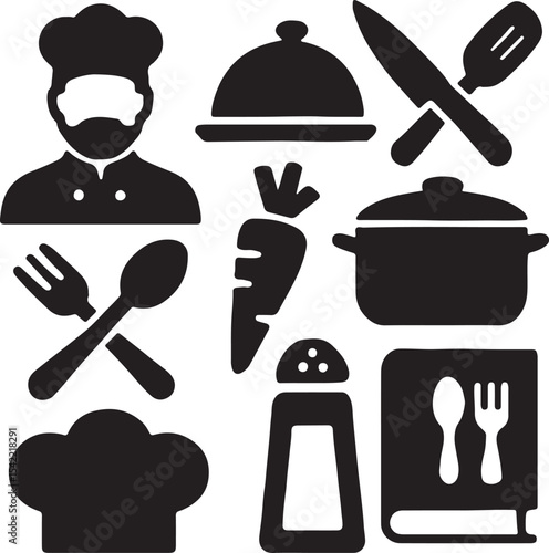 Cooking and kitchen utensil icon set. Containing chef hat, frying pan, pot, spatula, whisk, knife, cutting board, food cloche, and oven mitt symbols. Culinary tool silhouettes. Solid icon collection.