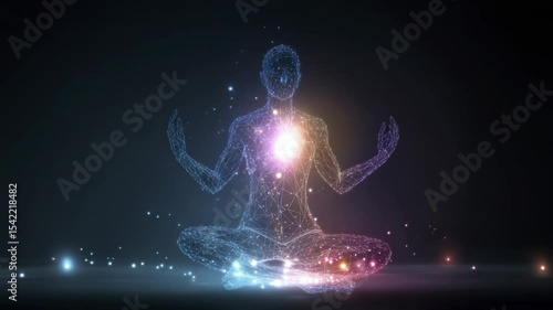 Meditating Figure Encased in a Geometric Wireframe with a Glowing Heart