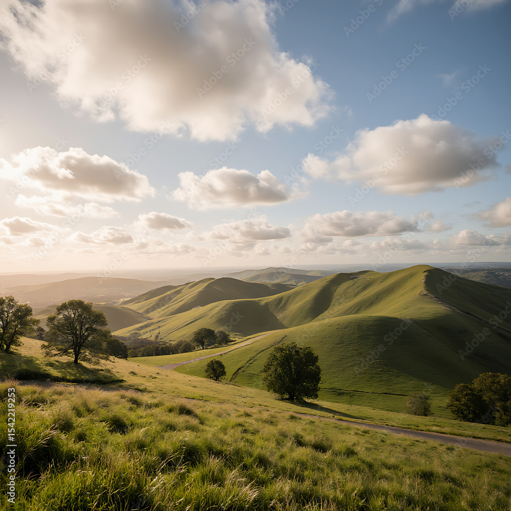 Obraz premium Rolling green hills under a cloudy sky during sunset 