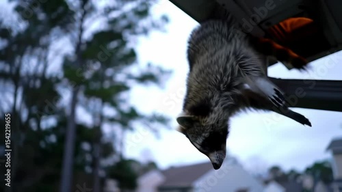 Raccoon hanging upside down from house roof on cloudy day