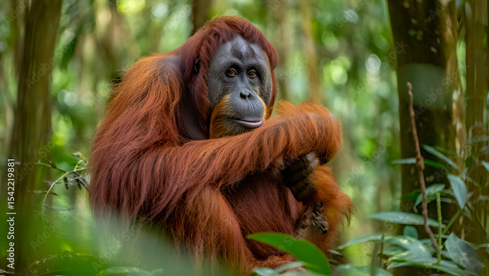 Fototapeta premium Majestic Bornean Orangutan in Lush Rainforest Habitat