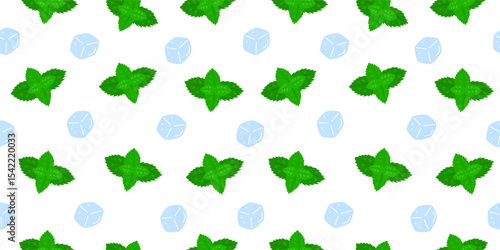Simple seamless pattern with flat ice cubes and mint leaves. Fresh natural background.