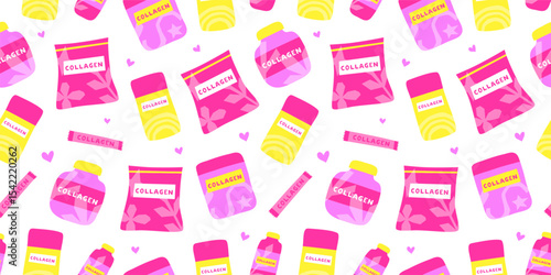 Seamless pattern with flat beauty collagen supplement in packages on white background. Feminine anti aging product. Drinking collagen powder. Skin health concept.