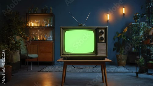 Vintage Television with Green Screen on Table indoors