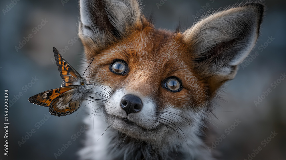 Obraz premium Fox Cub with Butterfly on Its Nose in Nature Setting