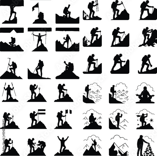 Climber Reaching Mountain Top – Adventure Silhouette Icon Set Mountaineer on Peak Icon Silhouette Set – Victory on the Summit