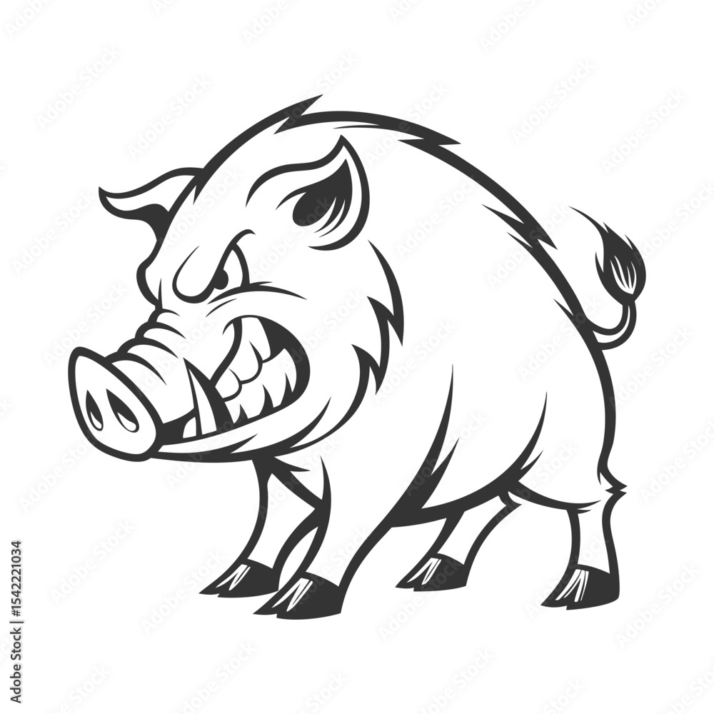 Fototapeta premium Angry Wild Boar Vector Clipart – Aggressive Cartoon Hog Illustration in Black and White
