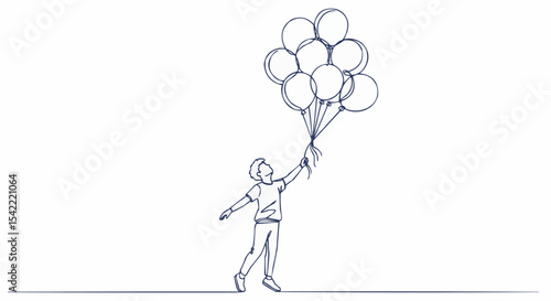 A child joyfully holding a bunch of balloons against a plain background, depicting celebration and freedom. 