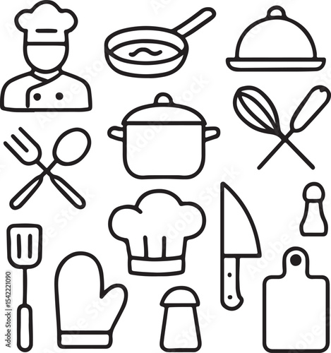 Cooking and kitchen utensil icon set. Containing chef hat, frying pan, pot, spatula, whisk, knife, cutting board, food cloche, and oven mitt symbols. Culinary tool silhouettes. Solid icon collection.