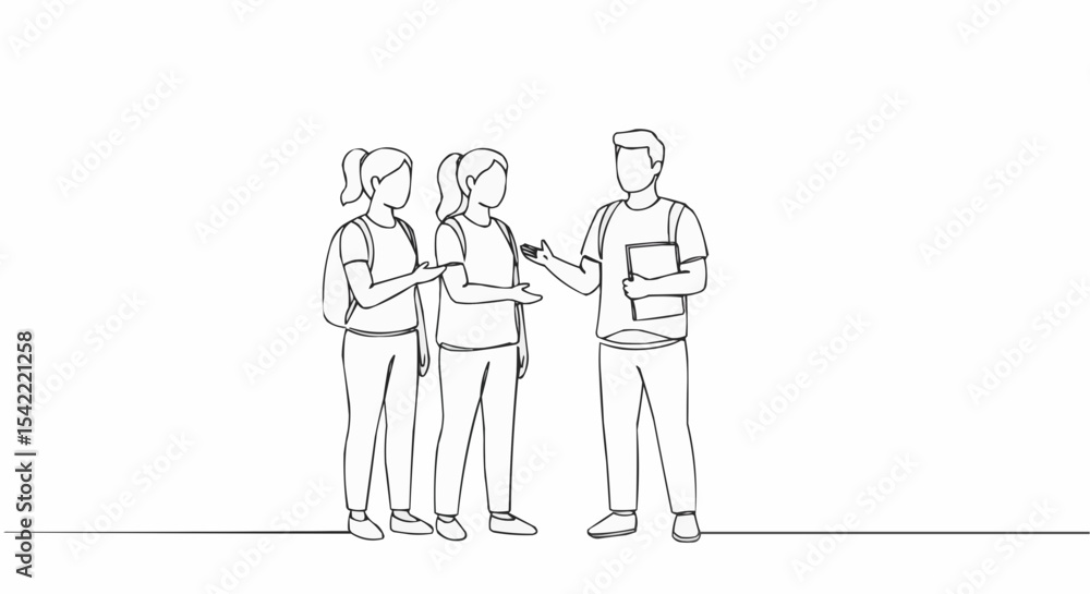 Three young people standing and communicating, outlined against a blank canvas. Three young people standing and communicating, outlined against a blank canvas.
