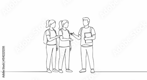Three young people standing and communicating, outlined against a blank canvas.