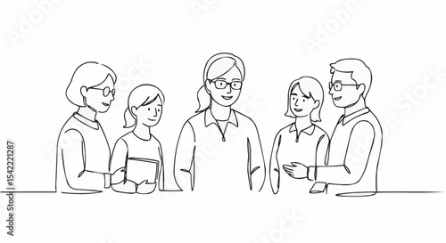 Illustration of a group of five people engaged in a discussion, each person with glasses on.