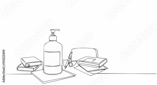 A simple line art of a hand sanitizer bottle, books, and pen.