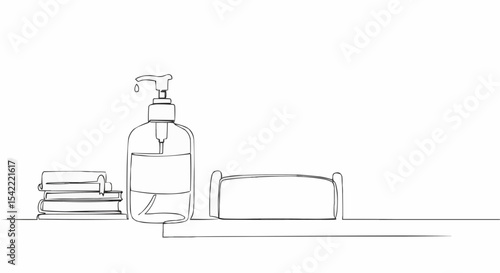 A line art illustration of a soap dispenser, towels and a soap holder