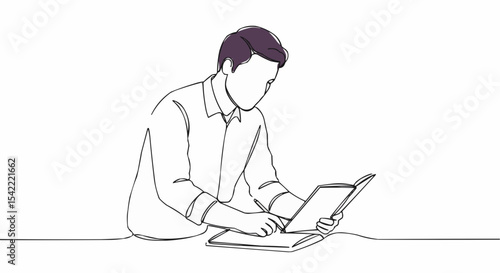 A man is engrossed in reading, with his gaze focused intently on the pages of a book.