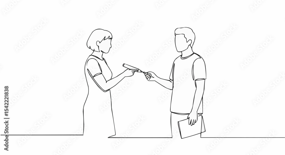 Fototapeta premium A line drawing depicts two people interacting, one handing the other a pen.