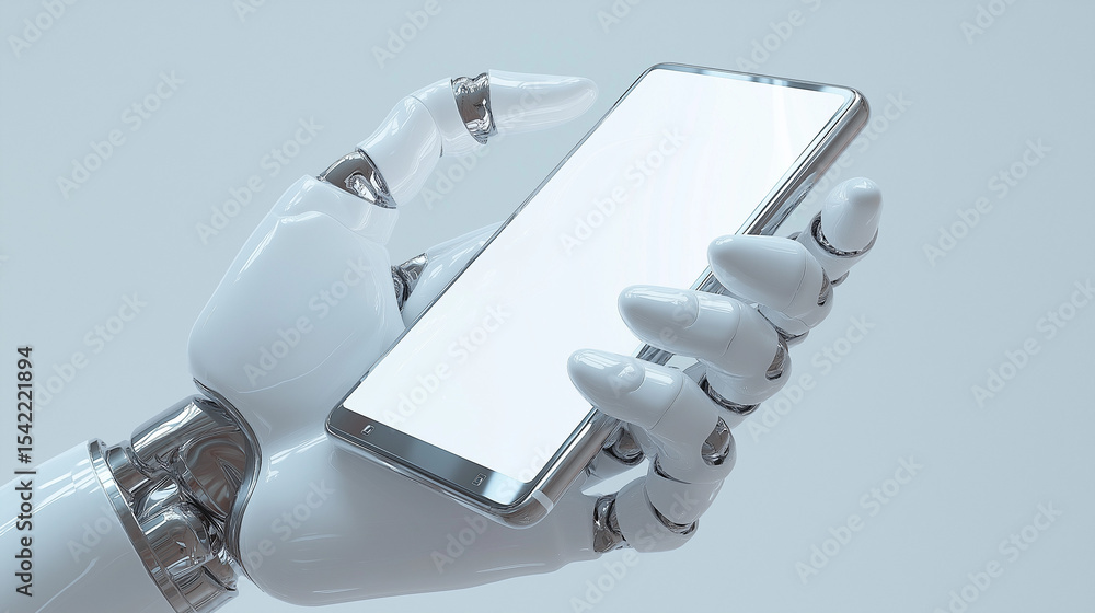 Naklejka premium Robotic arm holding a mobile phone with mockup screen