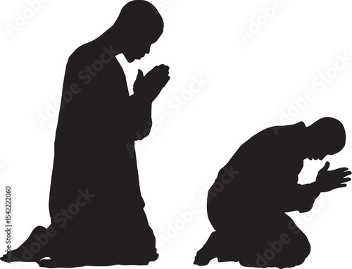 Silhouette of People Praying. Religious Worship Vector Illustration for Faith and Meditation Concepts