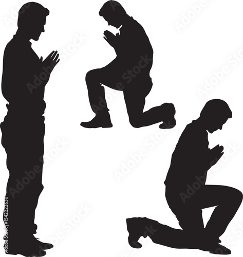 Silhouettes of Men Praying. Faith and Worship Vector Set in Standing and Kneeling Poses