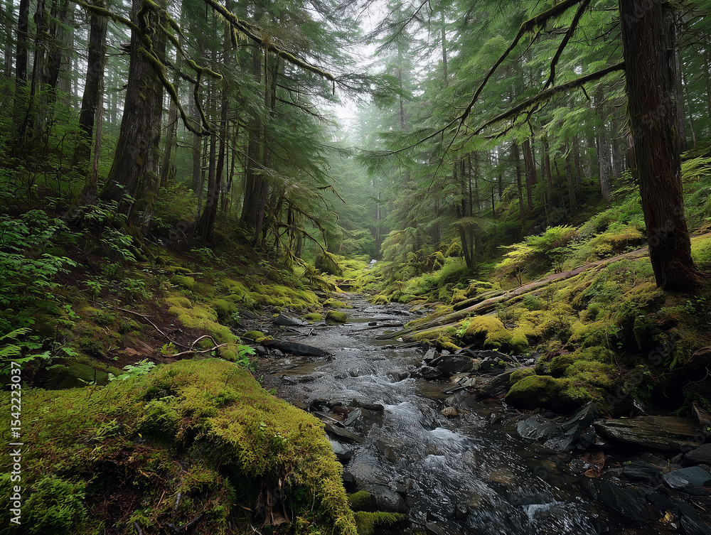 Obraz premium quiet stream through mossy forest under overcast sky