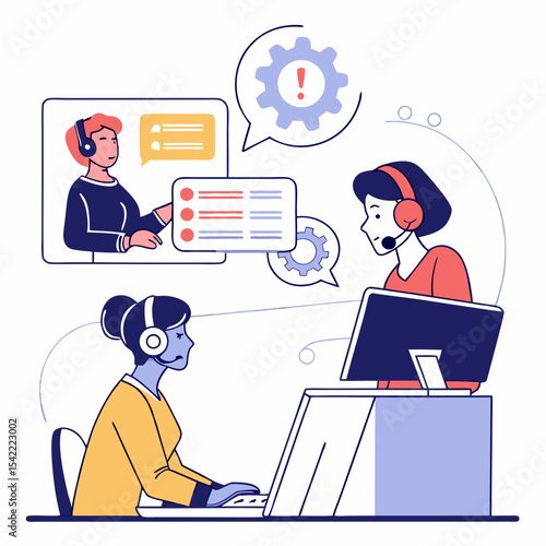 Call center set. Characters using artificial intelligence generative tools for communication. Helpdesk, hotline, customer support service concept. Vector illustration.