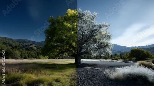 Day and night landscape with a tree
