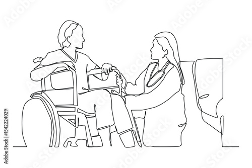 One single line drawing of young female doctor helping old patient get to wheelchair from hospital bed.