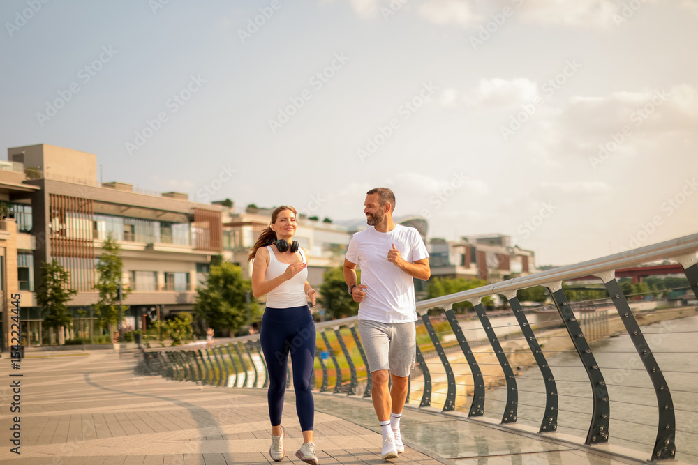 Fototapeta premium Couples enjoy a morning jog along a scenic waterfront pathway under a bright sky in a vibrant urban landscape