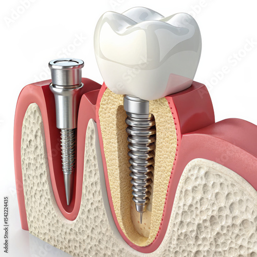 3D Rendered Dental Implant Cross-Section – Titanium Implant and Crown in Jawbone