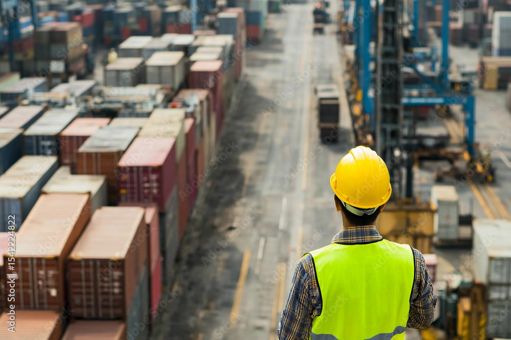 Worker in yellow hard hat overlooks busy shipping yard Generative AI Worker in yellow hard hat overlooks busy shipping yard Generative AI