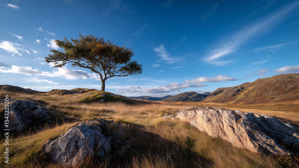 A single windswept tree standing on a grassy highland hill under a vast blue sky, surrounded by rolling terrain with scattered rocks, open landscape. A single windswept tree standing on a grassy highland hill under a vast blue sky, surrounded by rolling terrain with scattered rocks, open landscape.