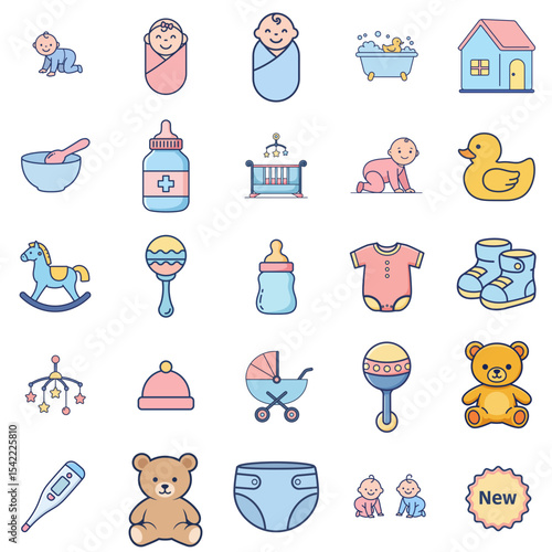 Baby icons and products for children in colorful flat design  