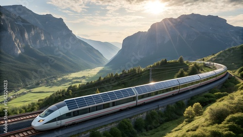 A futuristic solar-powered high-speed train winds through a breathtaking green mountain valley under a bright morning sun.