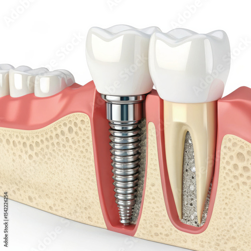 3D Rendered Dental Implant Cross-Section – Titanium Implant and Crown in Jawbone