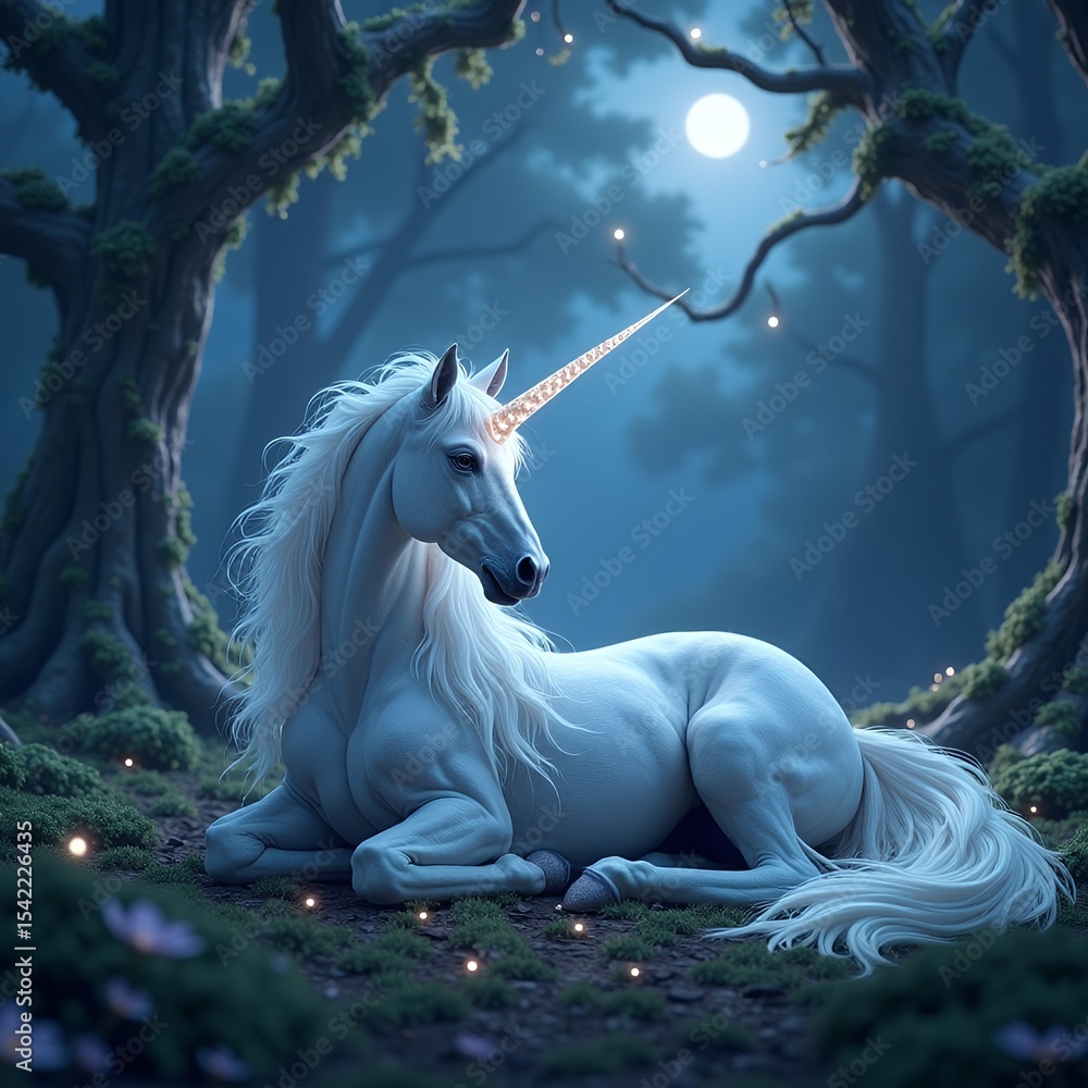 Naklejka premium Majestic Unicorn Resting in Enchanting Moonlight Forest