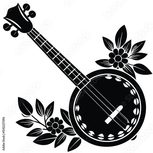 Banjo musical instument  with various floral decoratio stylish silhouette black vector art design