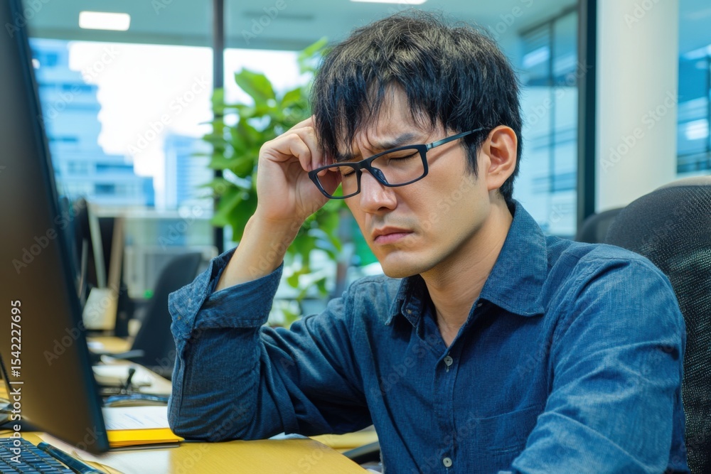 Young man looking stressed and exhausted in modern office environment Young man looking stressed and exhausted in modern office environment