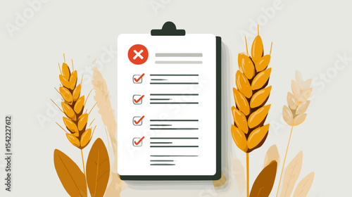 Checklist with red marks and wheat stalks symbolizing gluten restriction Nutrition and diets