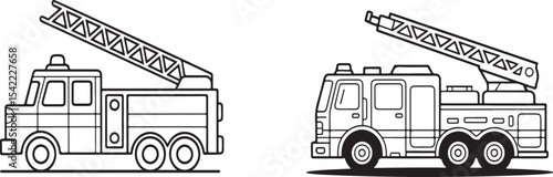 Detailed line art illustrations of two fire engines with extending ladders on white background