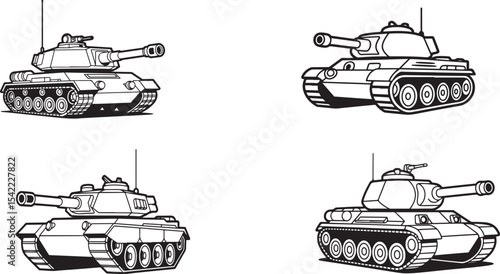 Four black and white outlined tank illustrations depicting military armored vehicles