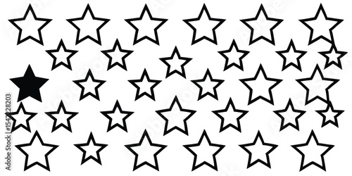 Outlined and filled black star shapes arranged on a transparent background for design elements