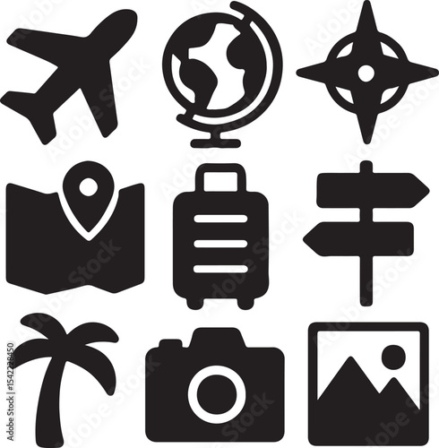 Travel and navigation icon set. Containing suitcase, airplane, globe, and location map symbols. Tourism, vacation, and global mobility silhouettes. Solid icon collection.