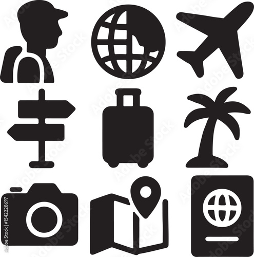 Travel and navigation icon set. Containing suitcase, airplane, globe, and location map symbols. Tourism, vacation, and global mobility silhouettes. Solid icon collection.