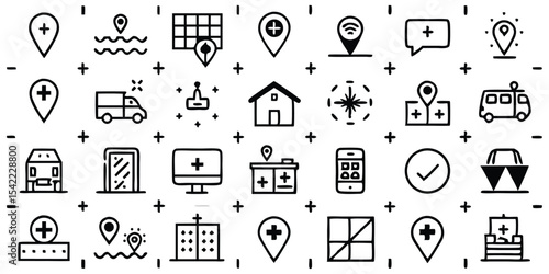 Set of hand drawn location and map icons for navigation and healthcare use