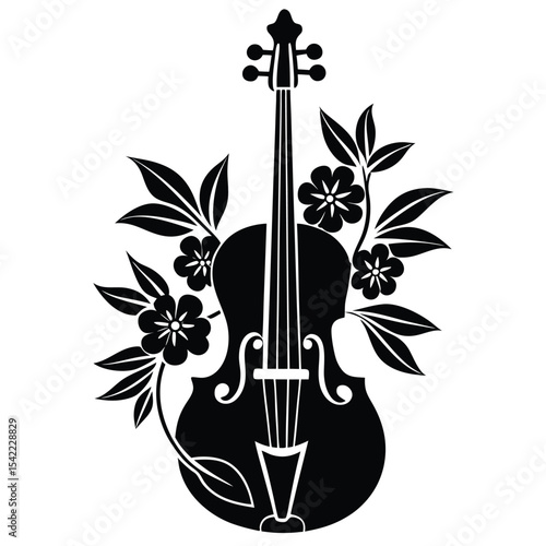 Cello musical instument  with various floral decoration silhouette black vector art design