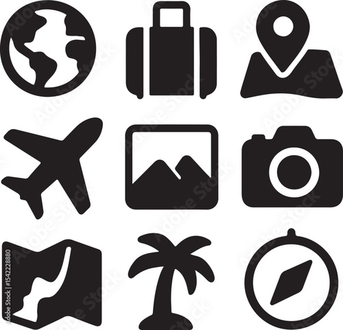 Travel and navigation icon set. Containing suitcase, airplane, globe, and location map symbols. Tourism, vacation, and global mobility silhouettes. Solid icon collection.