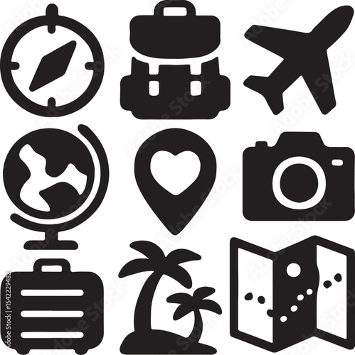 Travel and navigation icon set. Containing suitcase, airplane, globe, and location map symbols. Tourism, vacation, and global mobility silhouettes. Solid icon collection.