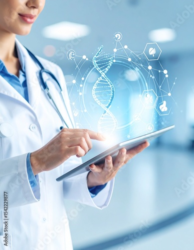 Medicine doctor touching electronic medical record on tablet. DNA. Digital healthcare and network connection on hologram modern virtual screen interface, medical technology and futuristic concept.